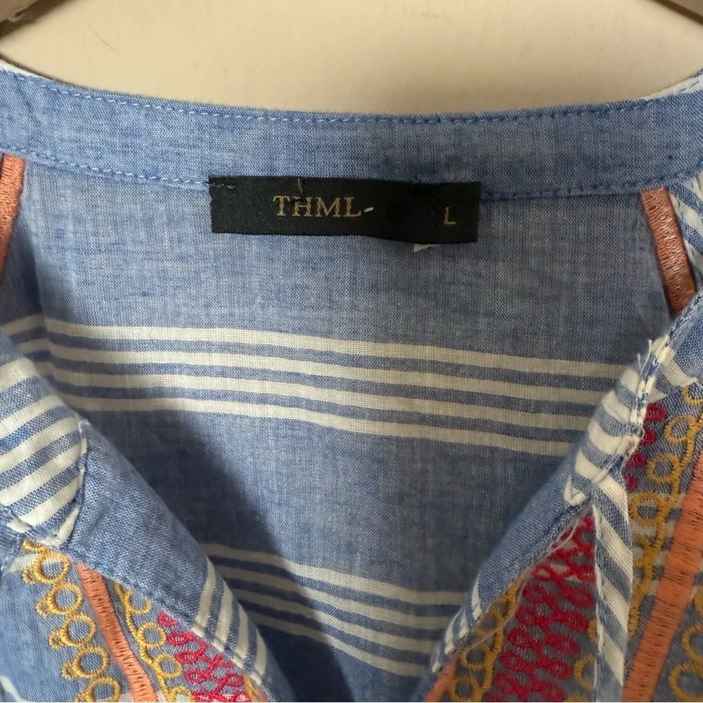 TMHL Anthropologie Blue & White Sleeveless Tank With Orange & Red Embroidery L - Picture 5 of 7